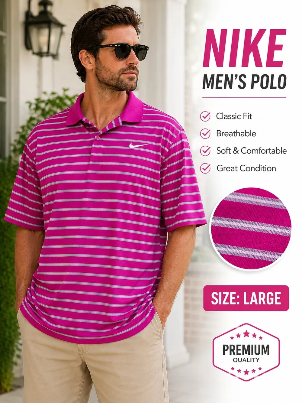 Nike Men’s Pink Striped Polo Shirt - Large